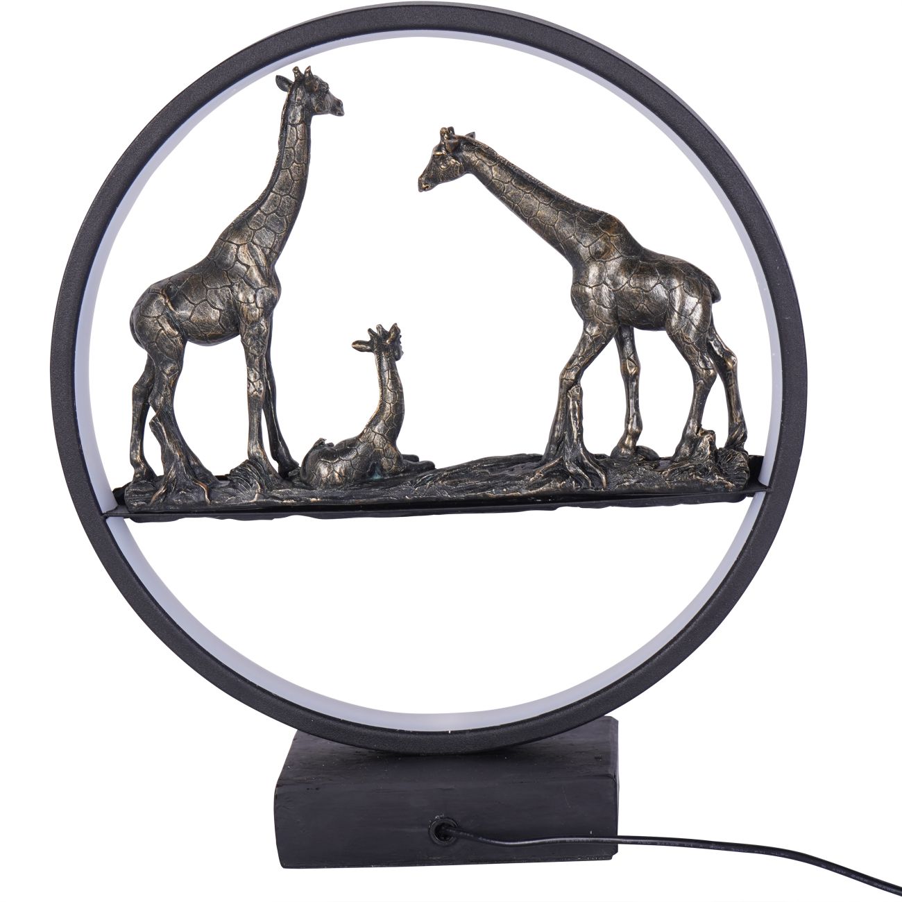 Antique Bronze Giraffe Family Sculpture with LED Ring Light